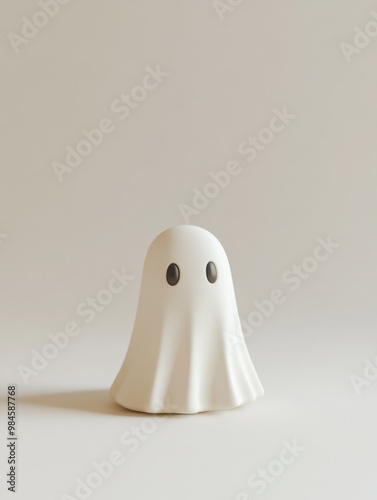 Cute minimalist halloween white Ghost, pastel color on a white pastel background 
