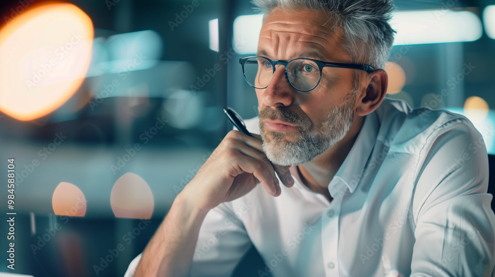 Businessman sitting at desk, holding pen and thoughtfully examining document, symbolizing business buyout and strategic decision-making process. Businessman sitting at desk, holding pen and thoughtfully examining document, symbolizing business buyout and strategic decision-making process.