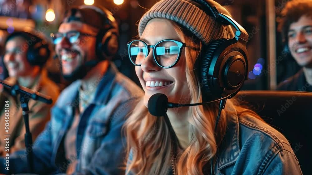 Podcasts are being recorded in a chic studio filled with modern equipment and cozy furnishings by two stylish radio hosts. Podcasts are being recorded in a chic studio filled with modern equipment and cozy furnishings by two stylish radio hosts.