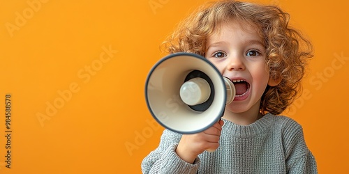 child screaming megaphone looks up on bright yellow background