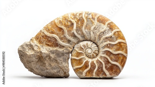 A beautiful ammonite fossil, preserved in stone, stands out against a white background. This ancient shell belonged to a type of extinct sea creature. photo