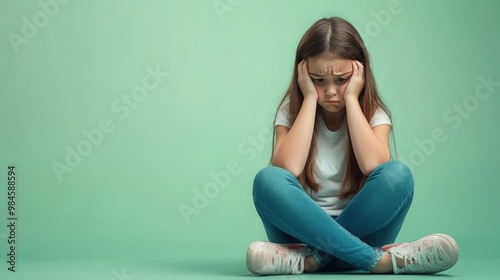 Sad Girl Sitting on Floor Against Green Background