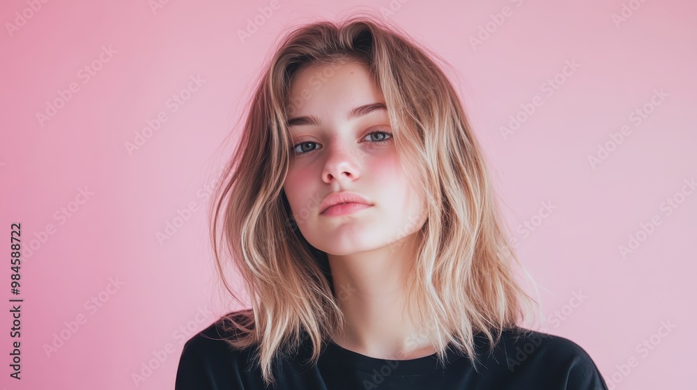 Young Woman with Casual Look Against Pink Background Young Woman with Casual Look Against Pink Background