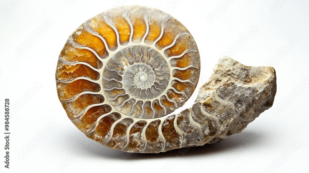 A beautiful ammonite fossil, preserved in stone, stands out against a white background. This ancient shell belonged to a type of extinct sea creature. A beautiful ammonite fossil, preserved in stone, stands out against a white background. This ancient shell belonged to a type of extinct sea creature.