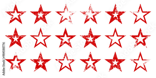 Red vintage stars with cracks and stains. Old hand-drawn sign, black simple shape. Retro design element with distressed effect, grunge texture. Vector illustration