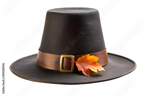 Black pilgrim hat with golden buckle and autumn leaf decoration