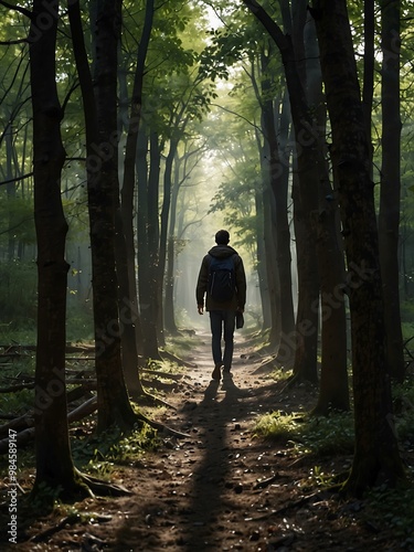 Person walking down a path in a chaotic environment.