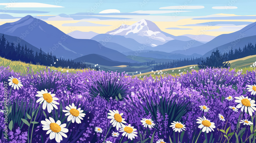 Obraz premium A vibrant landscape featuring blooming lavender fields and chamomile meadows, set against majestic mountains and serene sky. scene evokes sense of tranquility and natural beauty