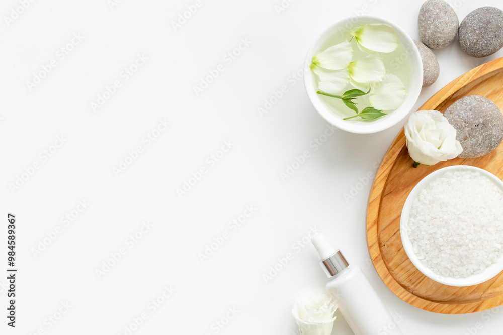 Set of cosmetic products on tray on the bathroom table Set of cosmetic products on tray on the bathroom table