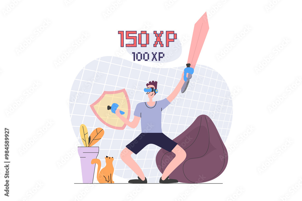 Virtual reality concept in modern flat design for web. Man in VR headset and controllers paying games with game shield and sword in augmented space or metaverse simulation. Illustration.