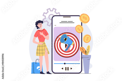 Video marketing concept in modern flat design for web. Woman creating trendy video content to target audience, doing success internet promotion and earning financial profit. Illustration.