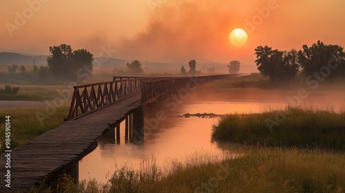 The Montana Railroad bridge over the Missouri River in Townsend, Montana, was built in 1883. A hazy sunset hangs over the landscape during a wildfire.