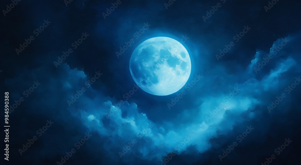 Painting of a full moon at night peeping out from behind the inky clouds Painting of a full moon at night peeping out from behind the inky clouds