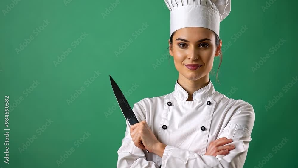 Confident female chef holding a knife, prepared for a career in the culinary field, green screen background isolated. Confident female chef holding a knife, prepared for a career in the culinary field, green screen background isolated.