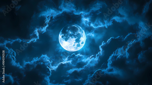 Blue Moon behind clouds on a dark night