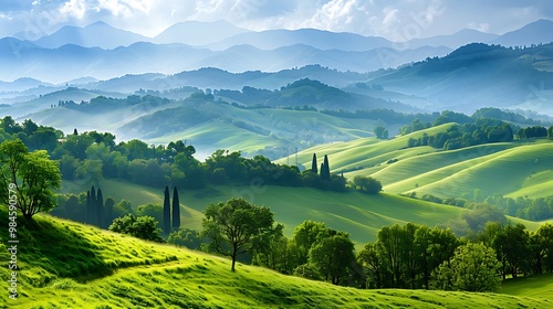 Beautiful summer landscape. grassy meadow on the hillside under blue sky with clouds