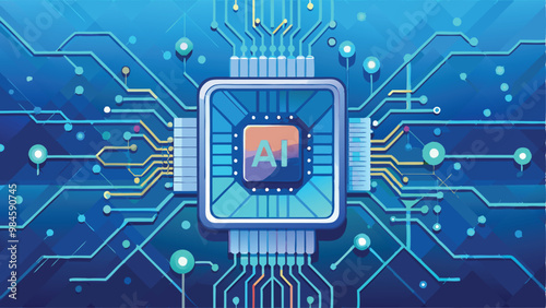 Print AI Chip Top View on Technology Blue Background Vector Illustration Depicting Futuristic Digital Circuit Design