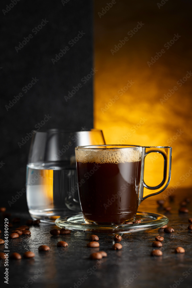 Espresso, glass of cold water, and roasted coffee beans. Espresso, glass of cold water, and roasted coffee beans.