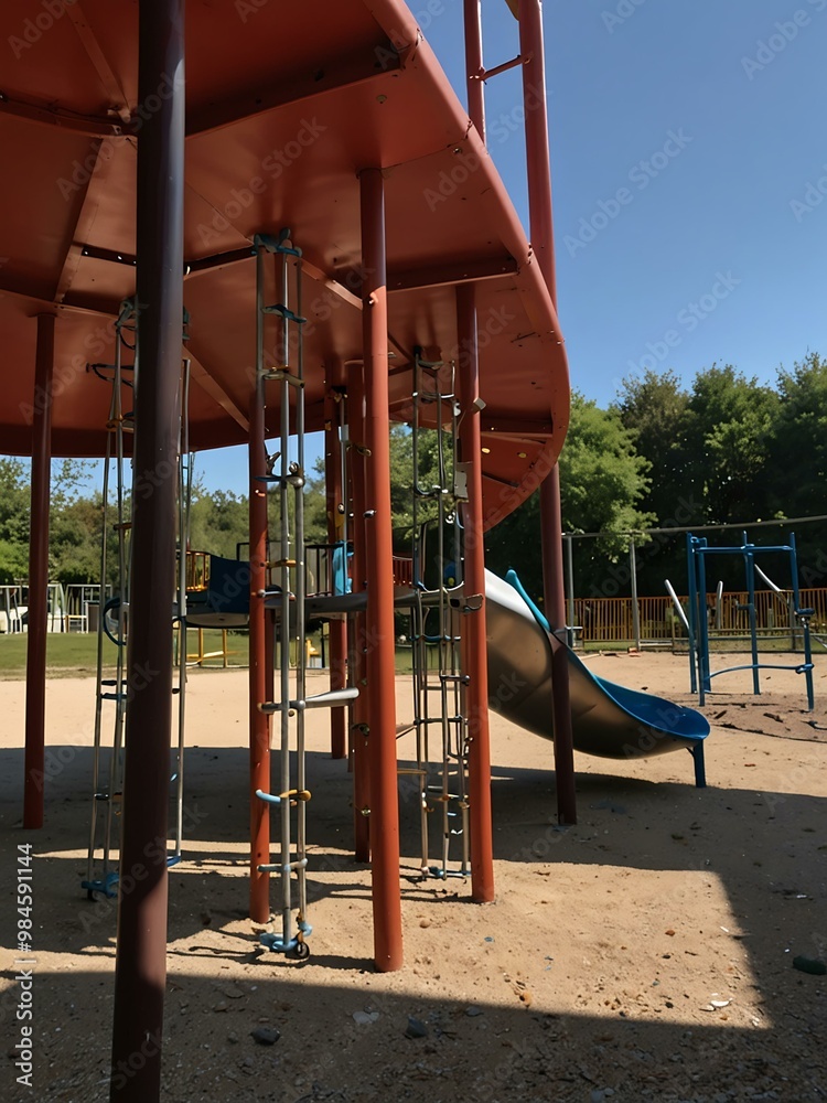 Playground with a large metal structure. Playground with a large metal structure.