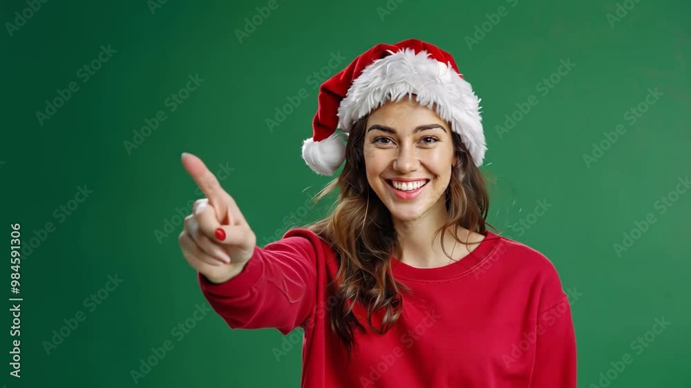 Cheerful woman in a Santa hat and red sweatshirt, pointing at a green screen background. Ideal for Christmas promotions and festive messages. Cheerful woman in a Santa hat and red sweatshirt, pointing at a green screen background. Ideal for Christmas promotions and festive messages.