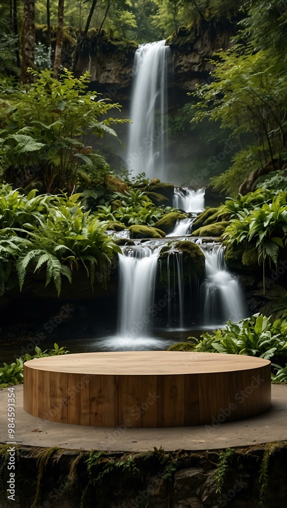 Podium with a green forest and waterfall, ideal for product display. Podium with a green forest and waterfall, ideal for product display.