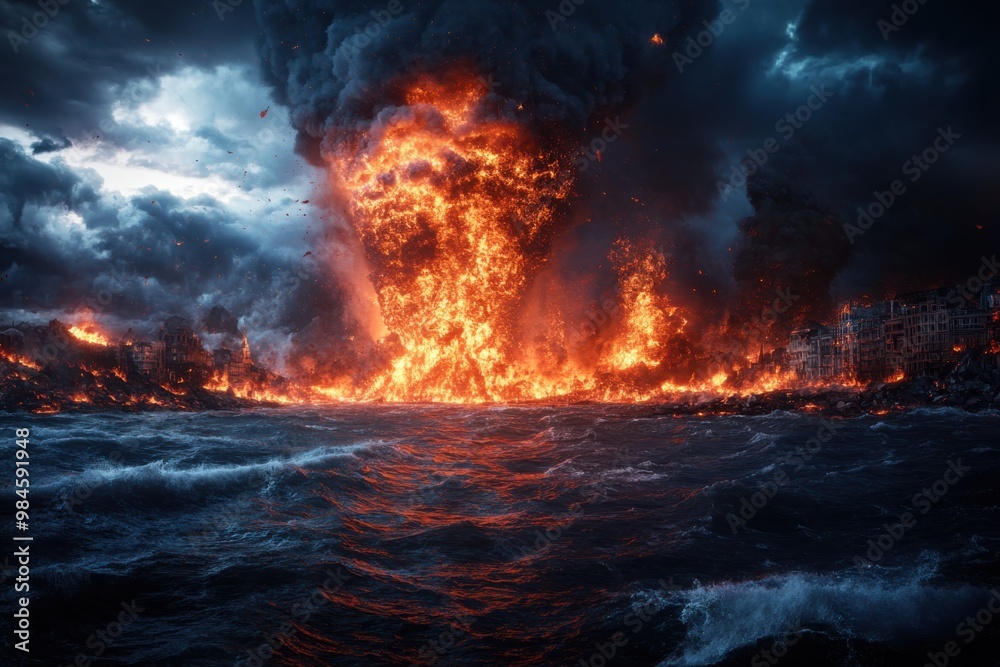 A powerful fiery explosion occurs in the water close to the shore, illuminating dark clouds and a burning cityscape in the background, signifying destruction. A powerful fiery explosion occurs in the water close to the shore, illuminating dark clouds and a burning cityscape in the background, signifying destruction.