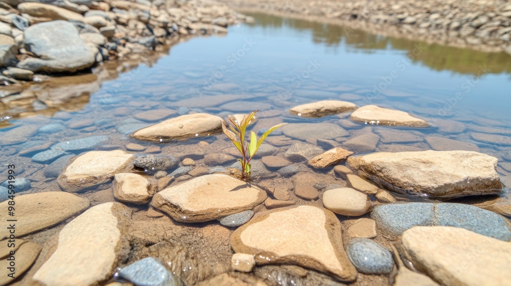Tiny Plant Thriving Amidst Rocks in Tranquil Stream Tiny Plant Thriving Amidst Rocks in Tranquil Stream