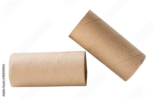 Top view set of tissue paper cores or napkin in strange shape after use in toilet or restroom isolated on white background with clipping path