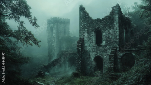 A mysterious abandoned castle hidden deep within a misty forest, its stone walls weathered and worn.