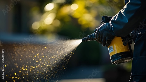 Person Using a Yellow Sprayer with a Water Stream and Golden Bokeh photo