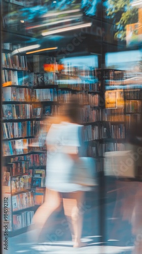 Blurred silhouette navigates through towering bookshelves in a dimly lit library, creating an ethereal atmosphere of mystery and knowledge exploration.