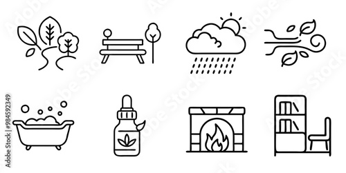 Line art icons representing nature, weather, home comfort, and wellness