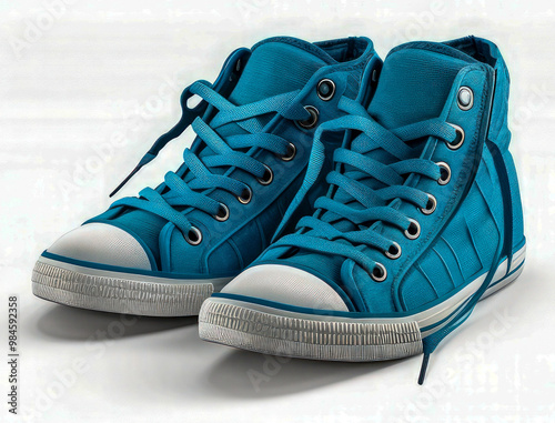 Blue canvas high-top sneakers with white soles photo