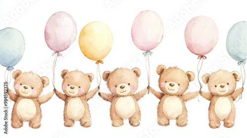 Charming watercolor illustration of cute teddy bears holding colorful balloons, perfect for children's decor and celebrations.