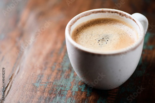 Cup of coffee on wooden background. Close up. 