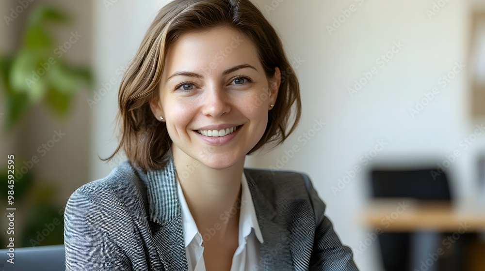 Portrait of a Smiling Woman in a Grey Suit Jacket Portrait of a Smiling Woman in a Grey Suit Jacket