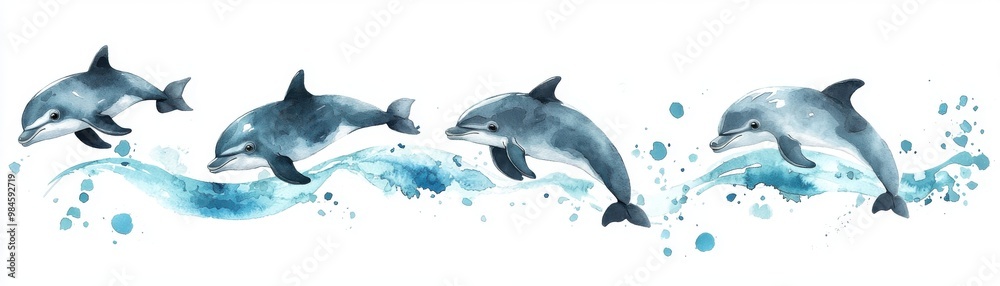 Fototapeta premium Playful dolphins leap through sparkling blue waves, showcasing their grace and joy in a vibrant marine scene.