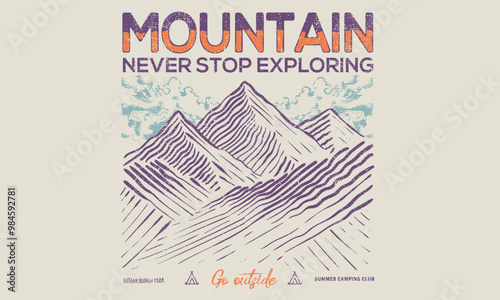  Mountain club. Adventure at the mountain graphic artwork for t shirt and others. River with hill artwork. Mountain with tree vintage print design. Hill line hand drawing.