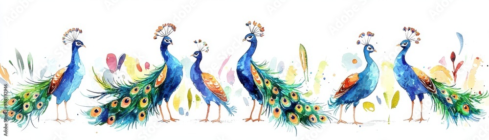 Obraz premium Vibrant watercolor illustration of peacock with colorful feathers, showcasing elegance and beauty in nature.