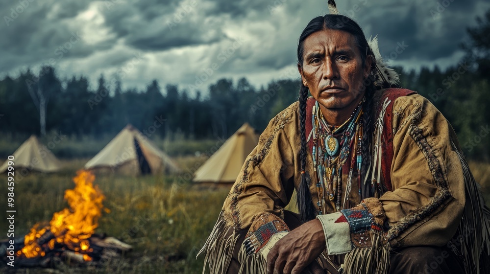 Indigenous Native Man by Campfire in Mountain Landscape