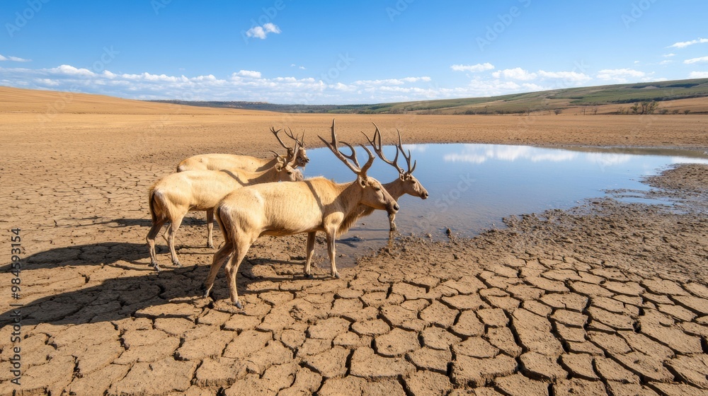 Obraz premium Majestic Deer Herd Reflected in Dried Up Pond in Arid Grassland Landscape