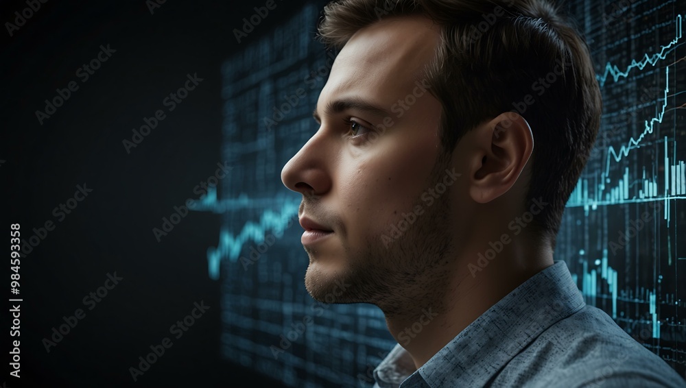 Profile of a man with data graphics, symbolizing finance and technology. Profile of a man with data graphics, symbolizing finance and technology.