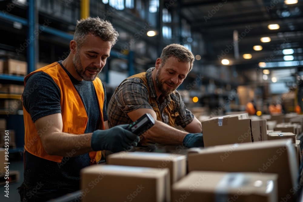 Obraz premium In an industrial setting, two workers with vests and gloves efficiently scan packages on a conveyor belt, showcasing modern inventory control techniques.