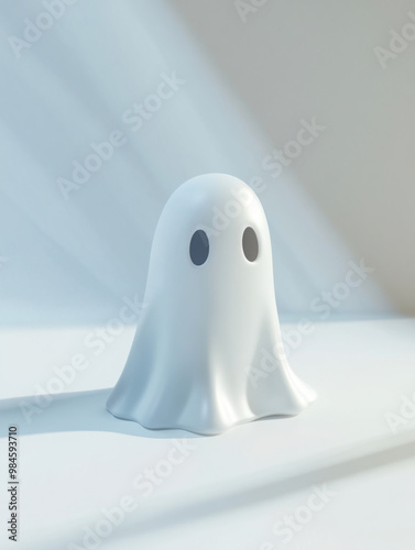 Cute minimalist halloween white Ghost, pastel color on a white pastel background 