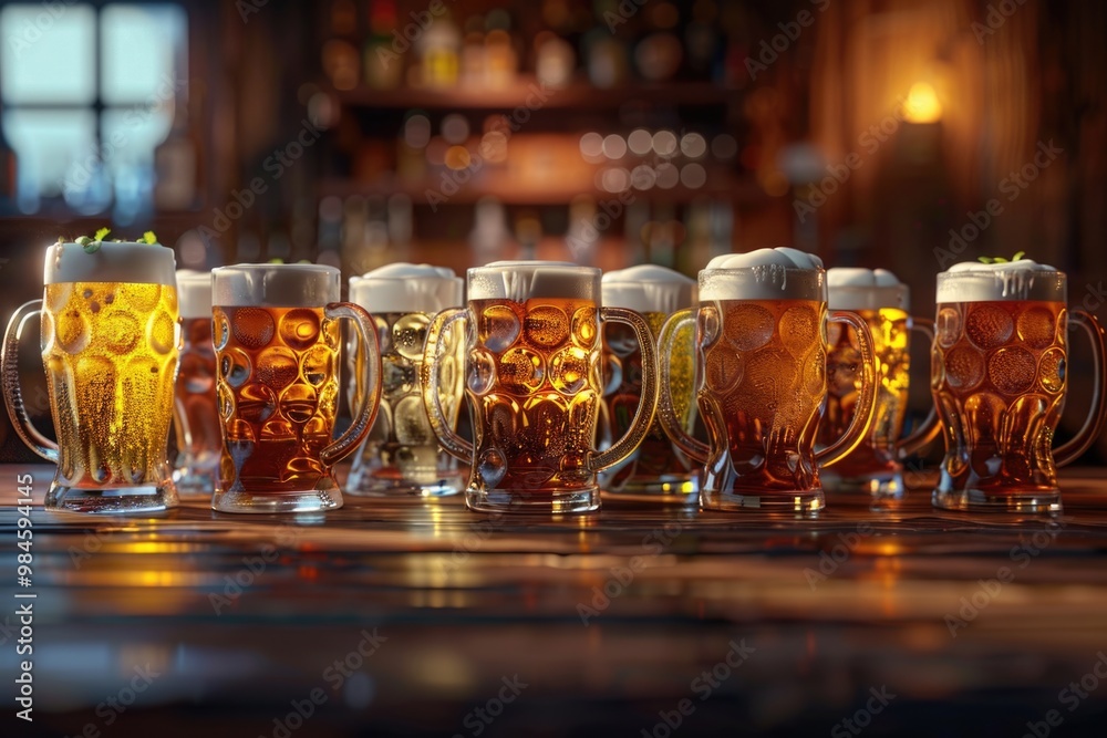 Row of beer glasses on a wooden table, perfect for pub or party scene Row of beer glasses on a wooden table, perfect for pub or party scene