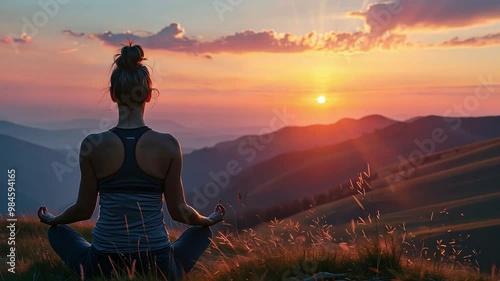 A sunset yoga silhouette and meditation A woman in sportswear enjoys the tranquil atmosphere and stunning surroundings as she meditates at sunset on a hilltop. photo