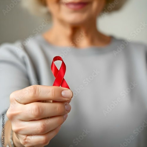 Lady showing hiv or aids awareness symbol volunteering for charity campaign for prevention immunity disease cancer elderly healthcare support Hand of mature woman holding red ribbon Close up
