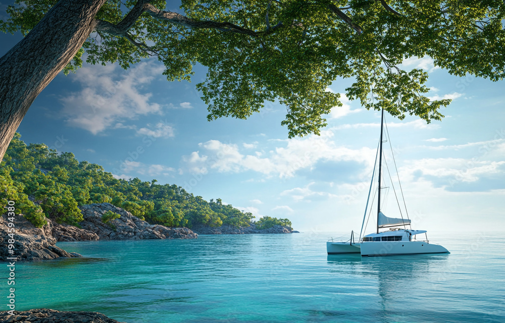 A beautiful view of the turquoise sea with a white catamaran docked in it. A beautiful view of the turquoise sea with a white catamaran docked in it.