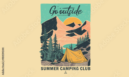 Go outside digital painting. Mountain club. Adventure at the mountain graphic artwork for t shirt and others. River with hill artwork. Mountain with tree vintage print design. Hill line hand drawing.