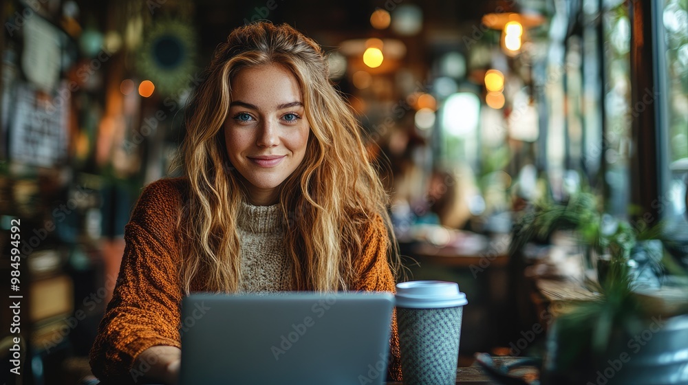 Smiling woman working on a laptop in a coffee shop